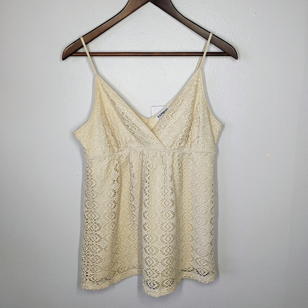 Express Y2K Crochet Eyelet Babydoll Tank Top Womens Medium Cream Coastal Cowgirl